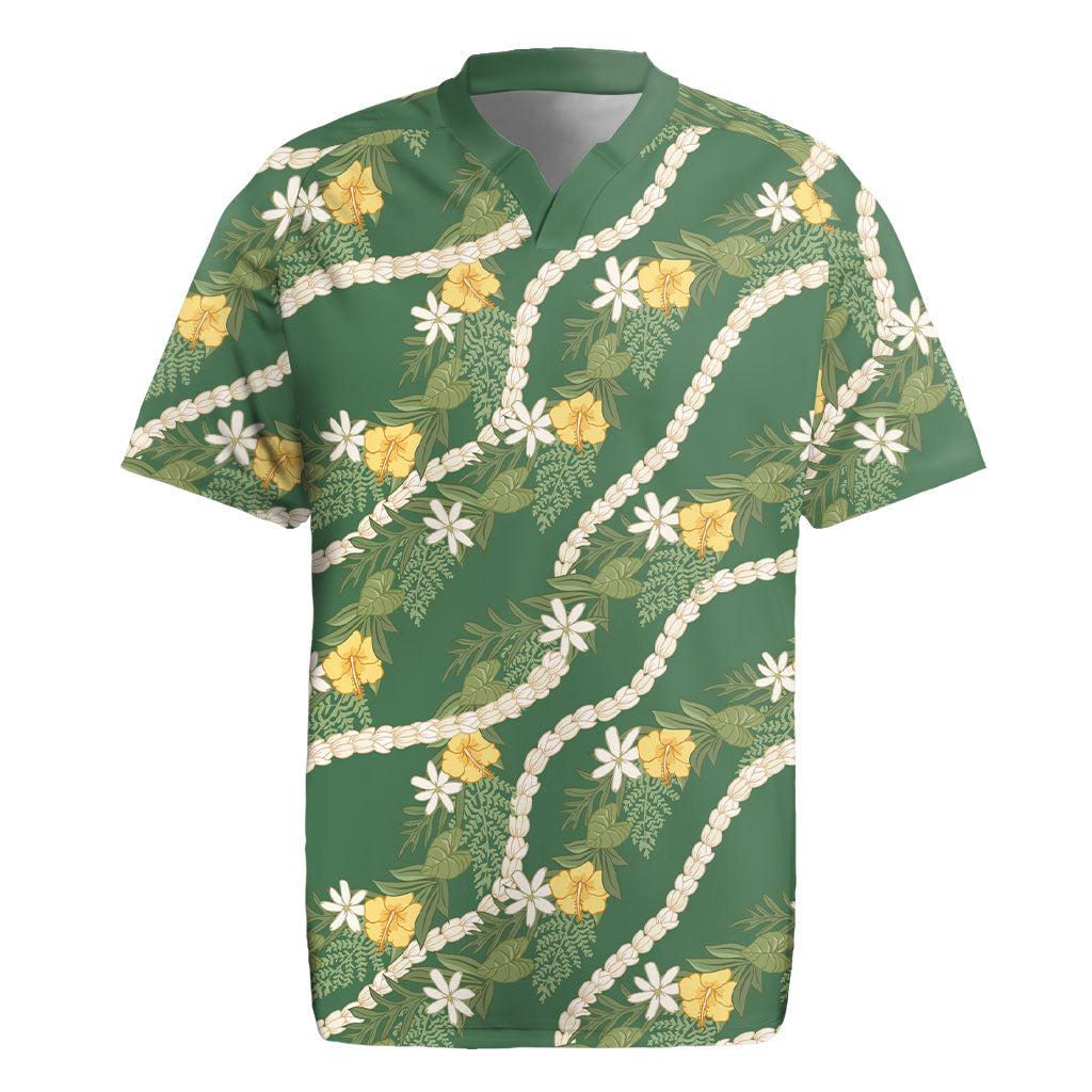Hawaiian Pikake Maile Lei Rugby Jersey Tiare Hibiscus Kalo Palapalai Leaf Green