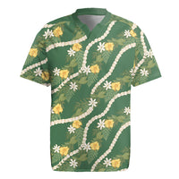 Hawaiian Pikake Maile Lei Rugby Jersey Tiare Hibiscus Kalo Palapalai Leaf Green