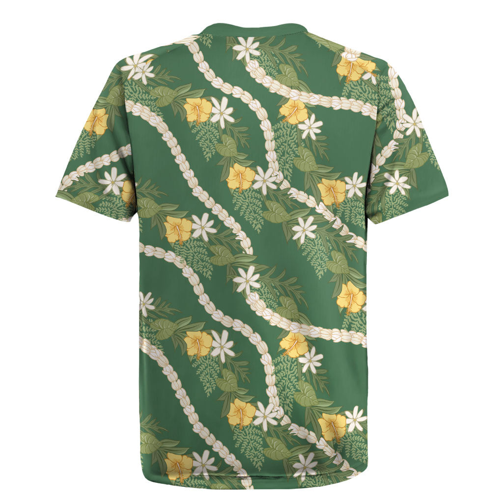 Hawaiian Pikake Maile Lei Rugby Jersey Tiare Hibiscus Kalo Palapalai Leaf Green