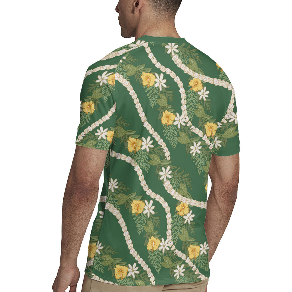Hawaiian Pikake Maile Lei Rugby Jersey Tiare Hibiscus Kalo Palapalai Leaf Green