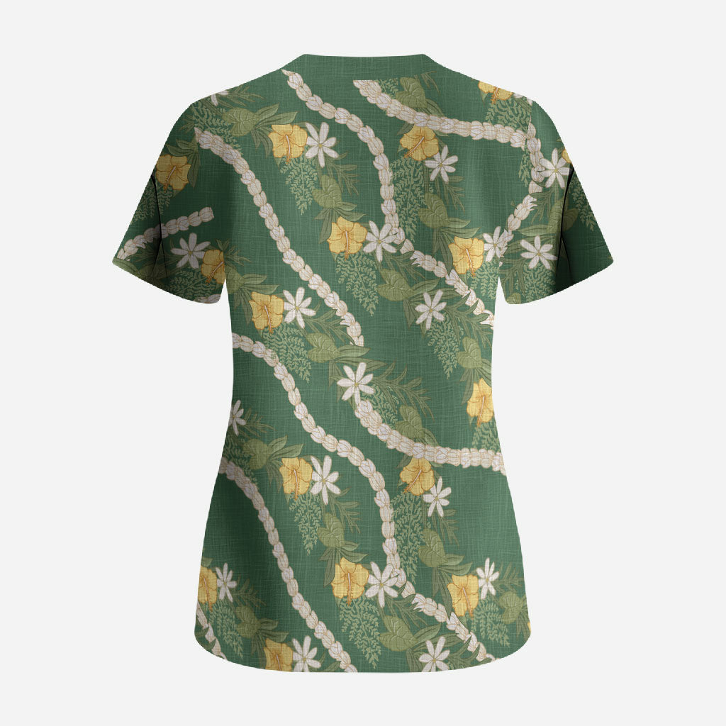 Hawaiian Pikake Maile Lei Scrub Top Tiare Hibiscus Kalo Palapalai Leaf Green