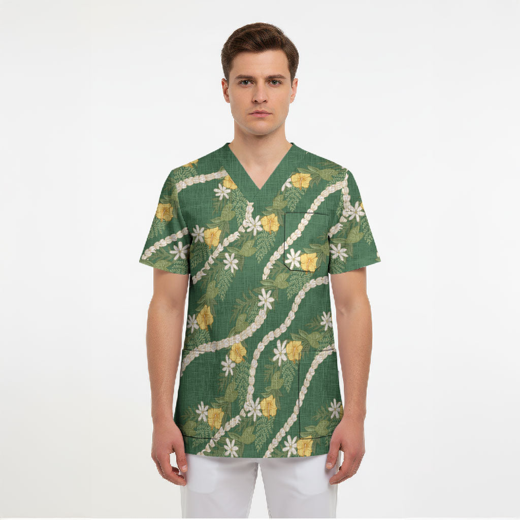 Hawaiian Pikake Maile Lei Scrub Top Tiare Hibiscus Kalo Palapalai Leaf Green