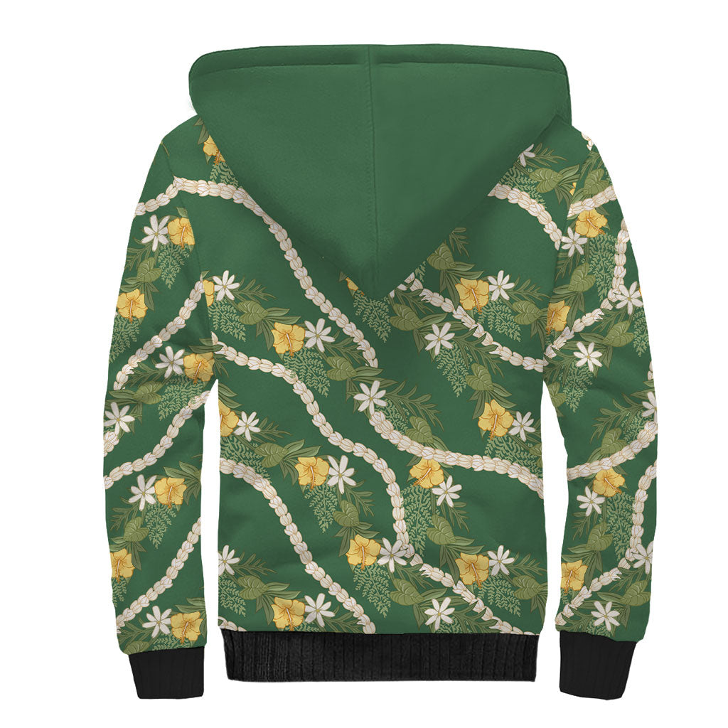 Hawaiian Pikake Maile Lei Sherpa Hoodie Tiare Hibiscus Kalo Palapalai Leaf Green