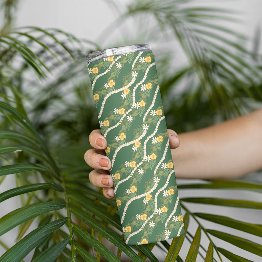 Hawaiian Pikake Maile Lei Skinny Tumbler Tiare Hibiscus Kalo Palapalai Leaf Green LT19 - Polynesian Pride