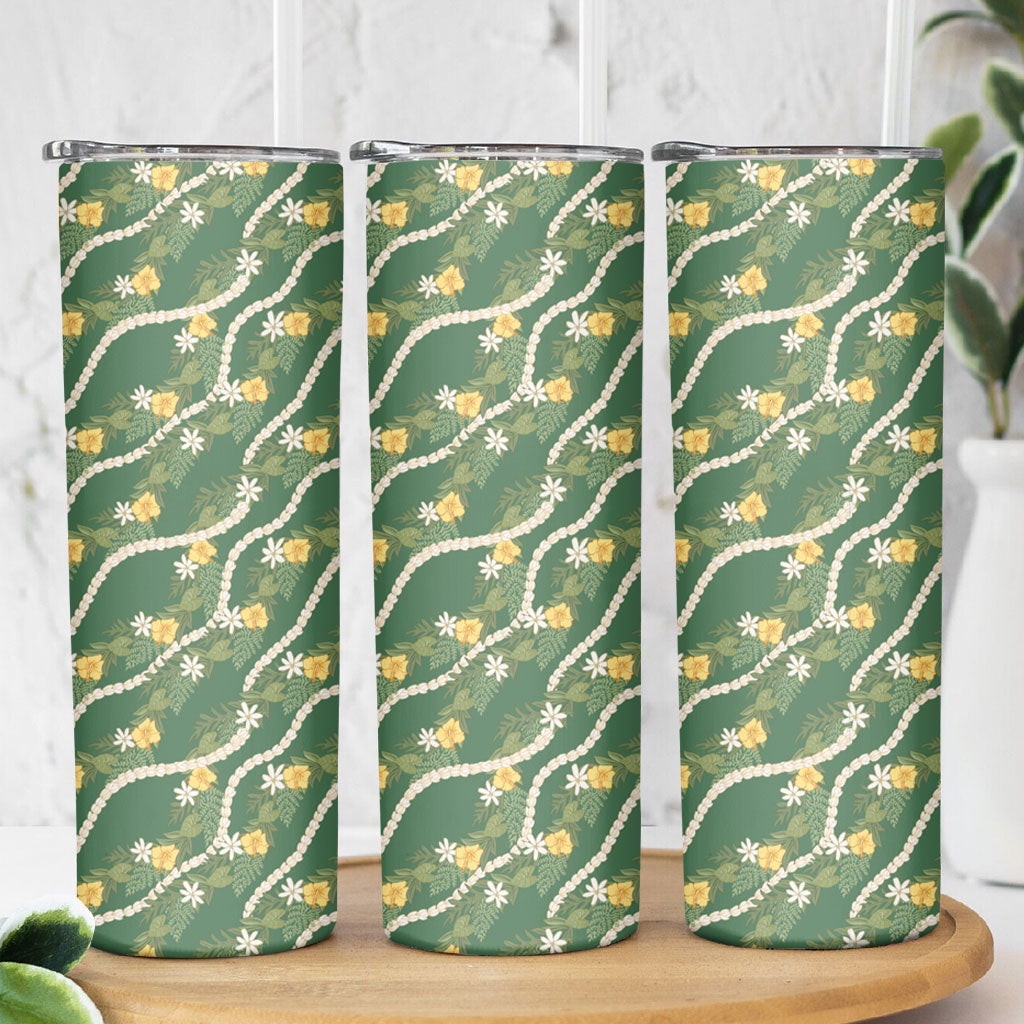 Hawaiian Pikake Maile Lei Skinny Tumbler Tiare Hibiscus Kalo Palapalai Leaf Green LT19 - Polynesian Pride