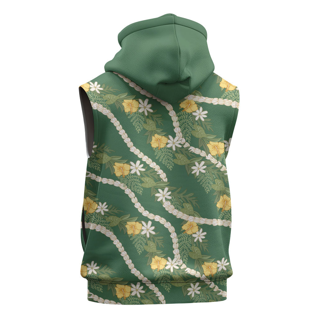 Hawaiian Pikake Maile Lei Sleeveless Hoodie Tiare Hibiscus Kalo Palapalai Leaf Green