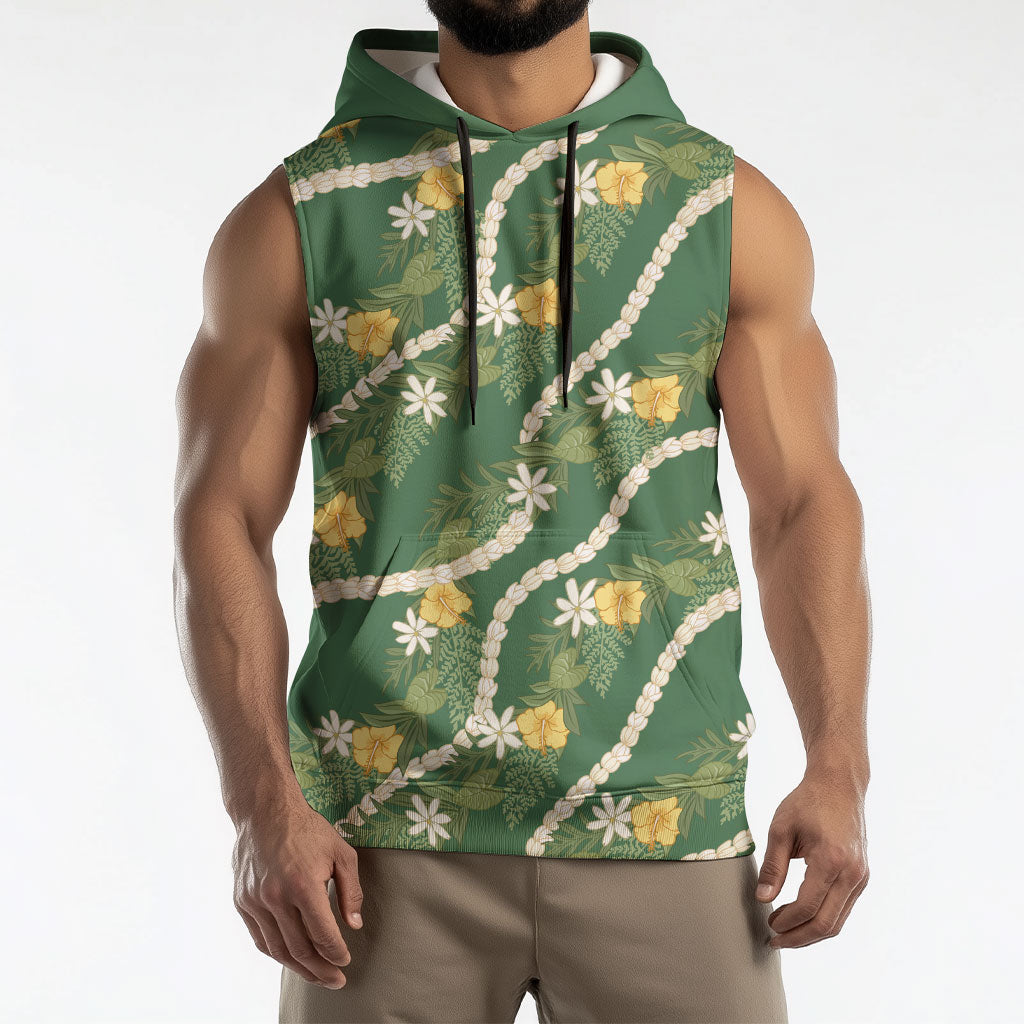 Hawaiian Pikake Maile Lei Sleeveless Hoodie Tiare Hibiscus Kalo Palapalai Leaf Green