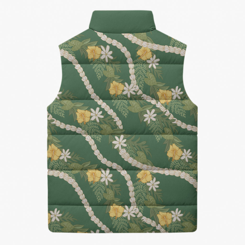 Hawaiian Pikake Maile Lei Sleeveless Puffer Jacket Tiare Hibiscus Kalo Palapalai Leaf Green