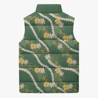 Hawaiian Pikake Maile Lei Sleeveless Puffer Jacket Tiare Hibiscus Kalo Palapalai Leaf Green