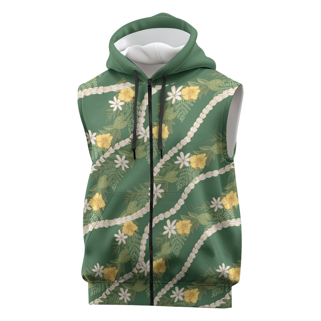 Hawaiian Pikake Maile Lei Sleeveless Zip Hoodie Tiare Hibiscus Kalo Palapalai Leaf Green