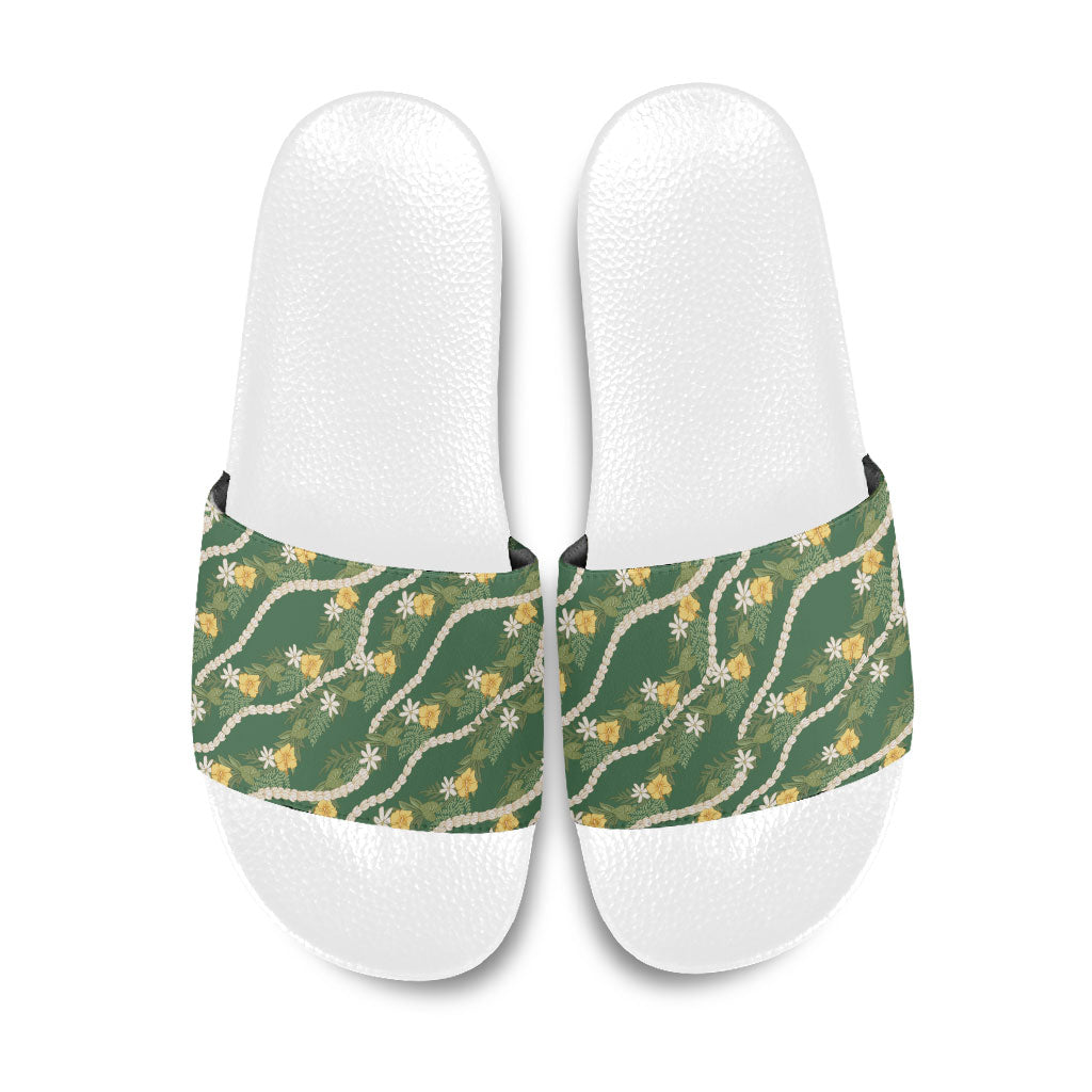 Hawaiian Pikake Maile Lei Slide Sandals Tiare Hibiscus Kalo Palapalai Leaf Green