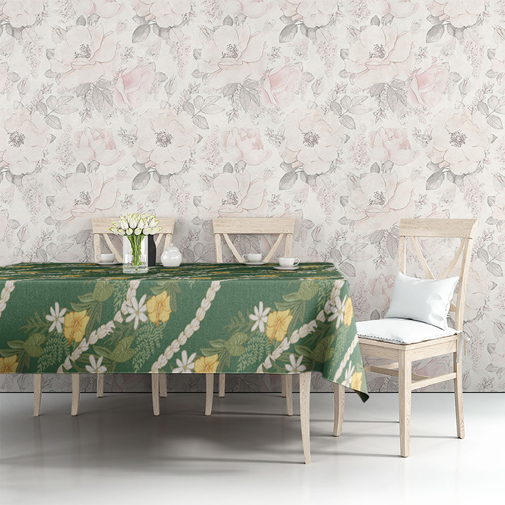 Hawaiian Pikake Maile Lei Tablecloth Tiare Hibiscus Kalo Palapalai Leaf Green