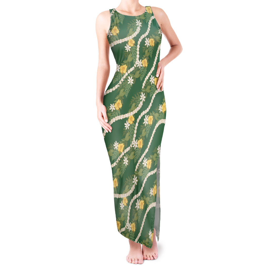 Hawaiian Pikake Maile Lei Tank Maxi Dress Tiare Hibiscus Kalo Palapalai Leaf Green
