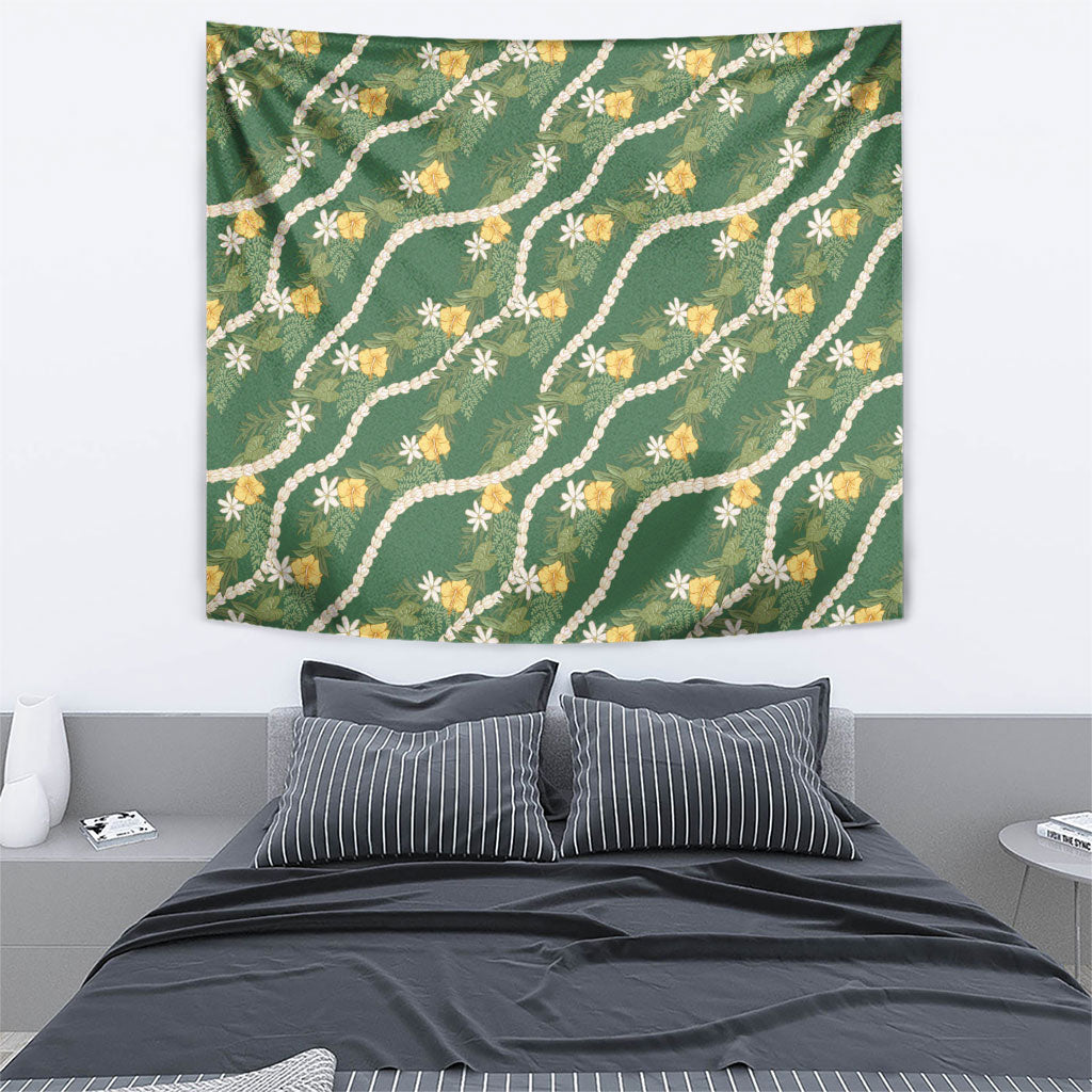 Hawaiian Pikake Maile Lei Tapestry Tiare Hibiscus Kalo Palapalai Leaf Green