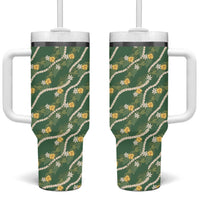 Hawaiian Pikake Maile Lei Tumbler With Handle Tiare Hibiscus Kalo Palapalai Leaf Green