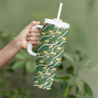 Hawaiian Pikake Maile Lei Tumbler With Handle Tiare Hibiscus Kalo Palapalai Leaf Green