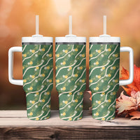 Hawaiian Pikake Maile Lei Tumbler With Handle Tiare Hibiscus Kalo Palapalai Leaf Green