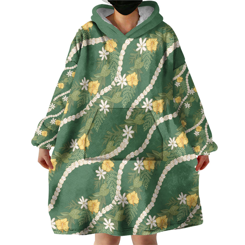Hawaiian Pikake Maile Lei Wearable Blanket Hoodie Tiare Hibiscus Kalo Palapalai Leaf Green LT19 - Polynesian Pride