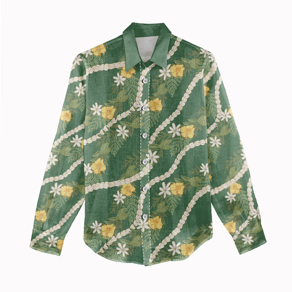 Hawaiian Pikake Maile Lei Women Casual Shirt Tiare Hibiscus Kalo Palapalai Leaf Green LT19 - Polynesian Pride