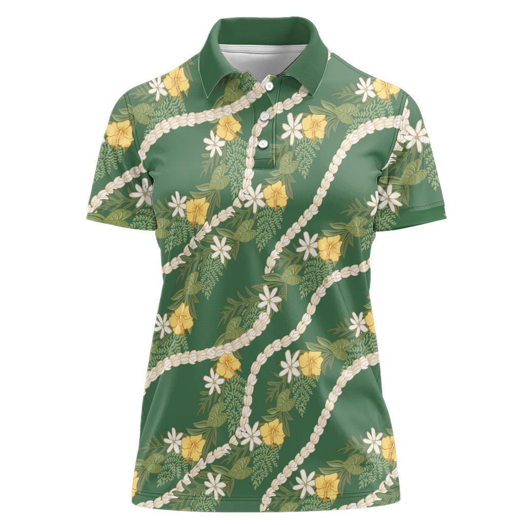 Hawaiian Pikake Maile Lei Women Polo Shirt Tiare Hibiscus Kalo Palapalai Leaf Green LT19 Female Green - Polynesian Pride