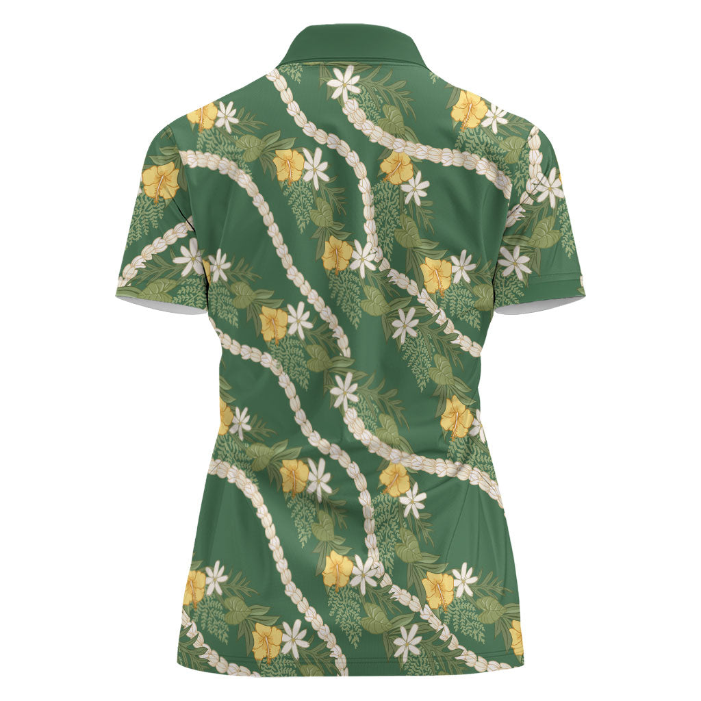 Hawaiian Pikake Maile Lei Women Polo Shirt Tiare Hibiscus Kalo Palapalai Leaf Green LT19 - Polynesian Pride