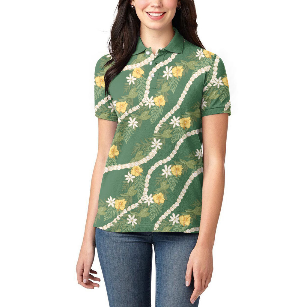 Hawaiian Pikake Maile Lei Women Polo Shirt Tiare Hibiscus Kalo Palapalai Leaf Green LT19 - Polynesian Pride