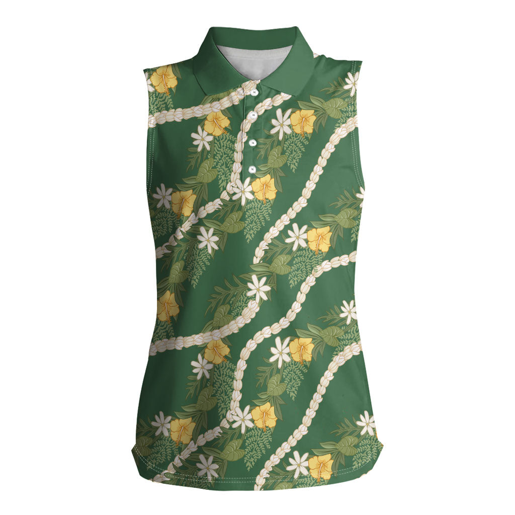 Hawaiian Pikake Maile Lei Women Sleeveless Polo Shirt Tiare Hibiscus Kalo Palapalai Leaf Green LT19 Female Green - Polynesian Pride