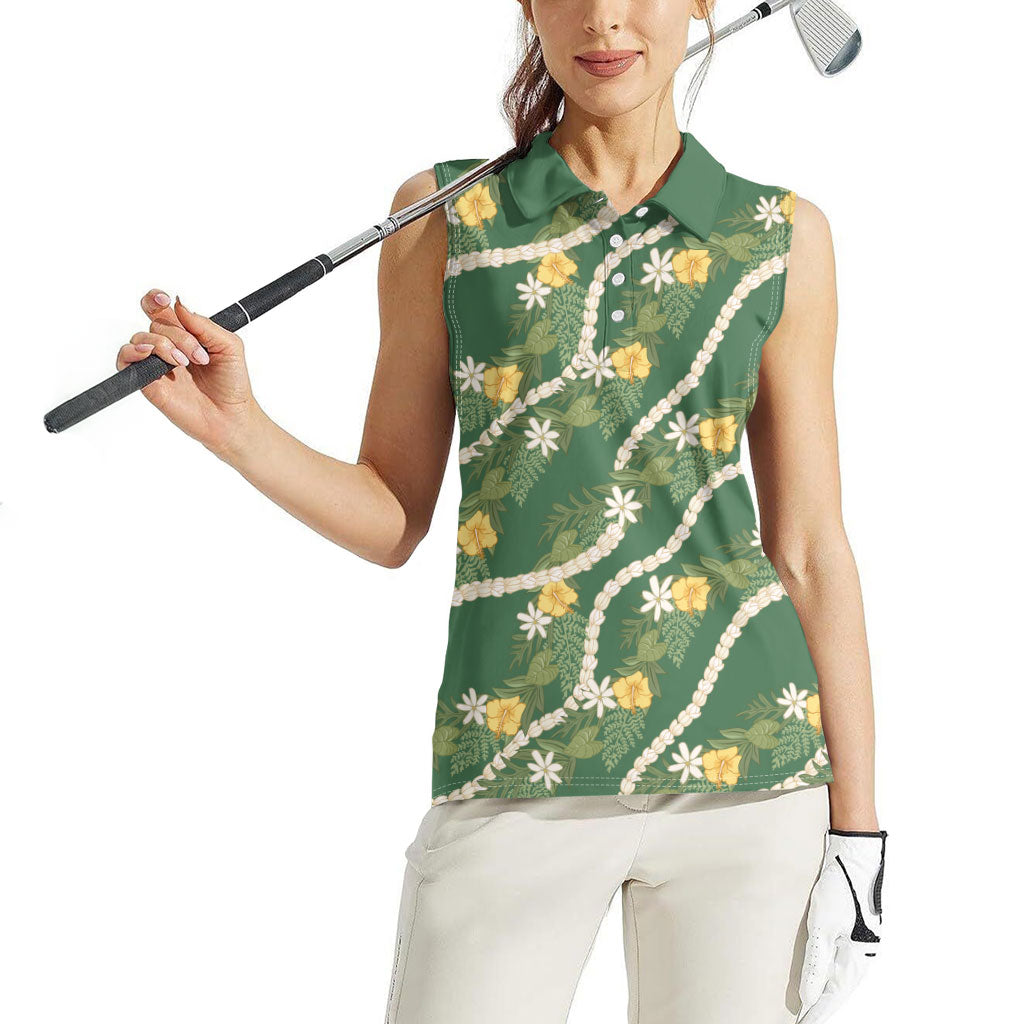 Hawaiian Pikake Maile Lei Women Sleeveless Polo Shirt Tiare Hibiscus Kalo Palapalai Leaf Green LT19 - Polynesian Pride