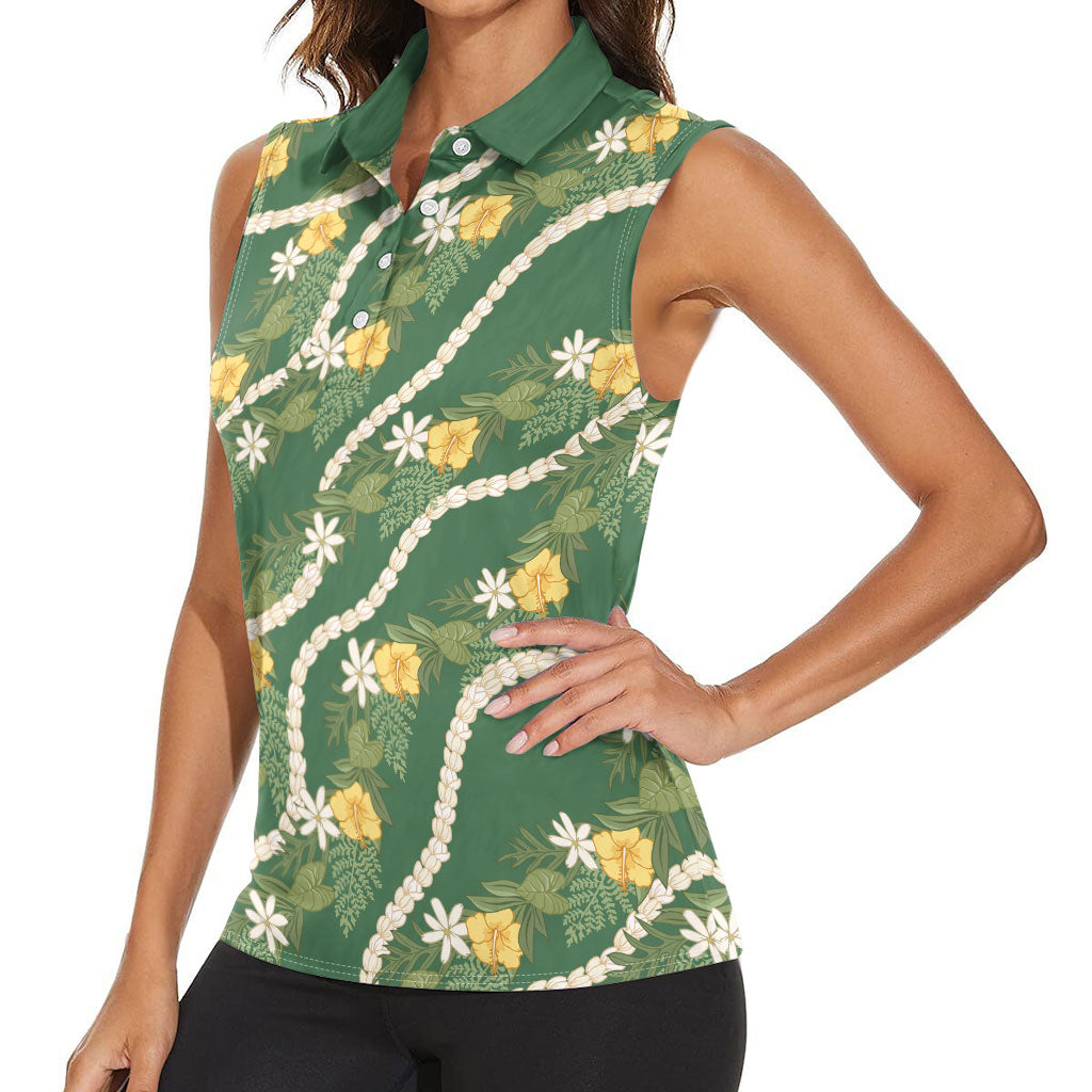 Hawaiian Pikake Maile Lei Women Sleeveless Polo Shirt Tiare Hibiscus Kalo Palapalai Leaf Green LT19 - Polynesian Pride