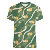 Hawaiian Pikake Maile Lei Women V-Neck T-Shirt Tiare Hibiscus Kalo Palapalai Leaf Green LT19 Female Green - Polynesian Pride