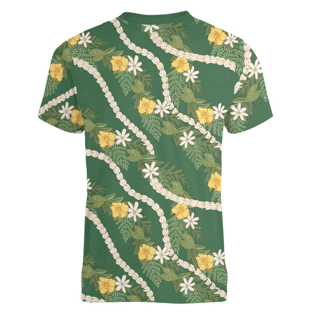 Hawaiian Pikake Maile Lei Women V-Neck T-Shirt Tiare Hibiscus Kalo Palapalai Leaf Green LT19 - Polynesian Pride