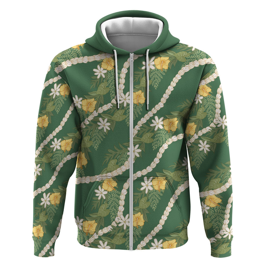 Hawaiian Pikake Maile Lei Zip Hoodie Tiare Hibiscus Kalo Palapalai Leaf Green
