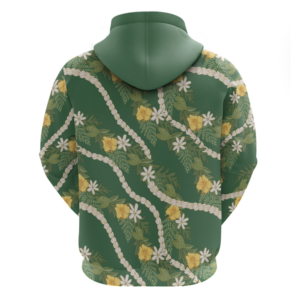 Hawaiian Pikake Maile Lei Zip Hoodie Tiare Hibiscus Kalo Palapalai Leaf Green
