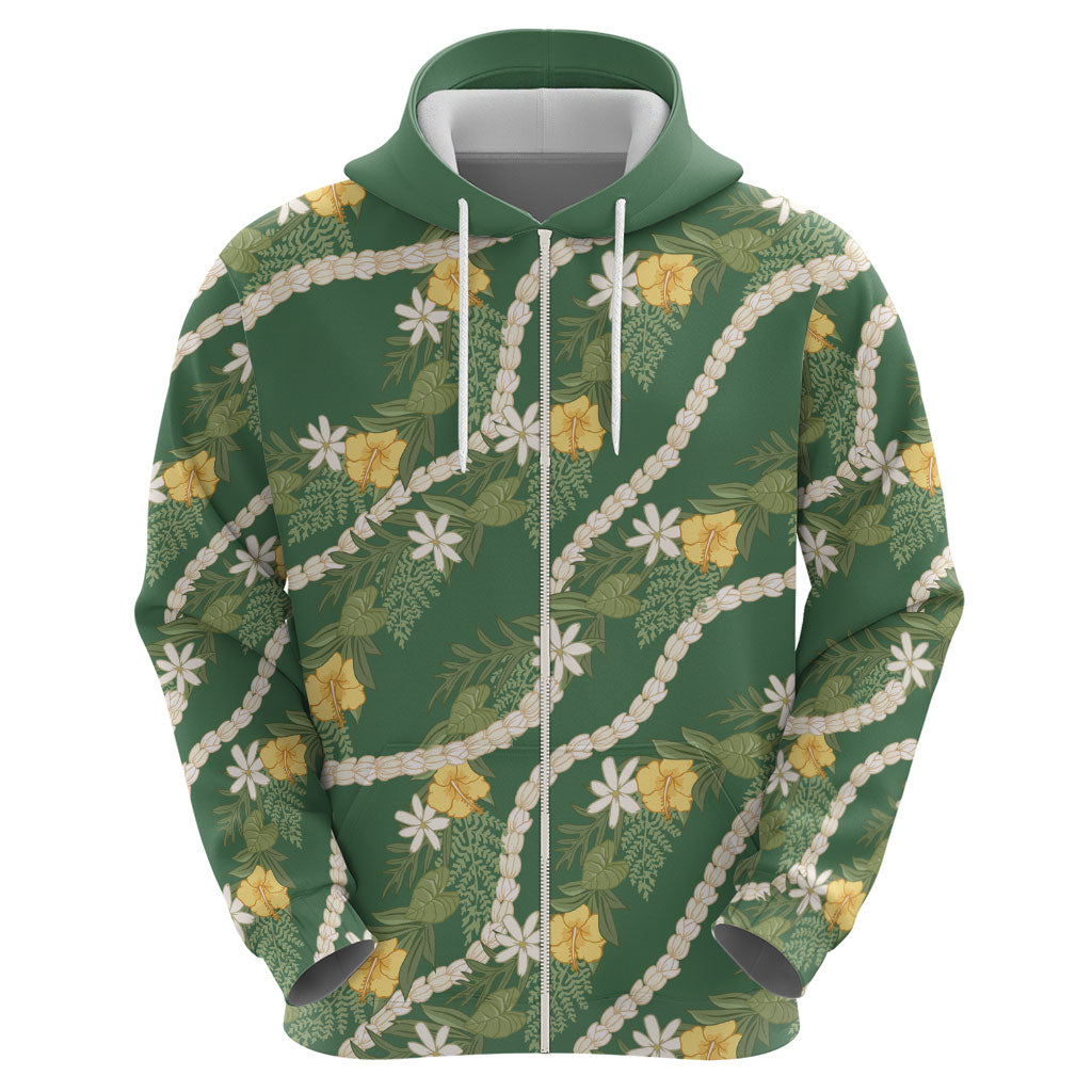 Hawaiian Pikake Maile Lei Zip Hoodie Tiare Hibiscus Kalo Palapalai Leaf Green