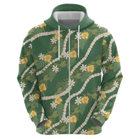 Hawaiian Pikake Maile Lei Zip Hoodie Tiare Hibiscus Kalo Palapalai Leaf Green
