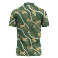 Hawaiian Pikake Maile Lei Zipper Polo Shirt Tiare Hibiscus Kalo Palapalai Leaf Green