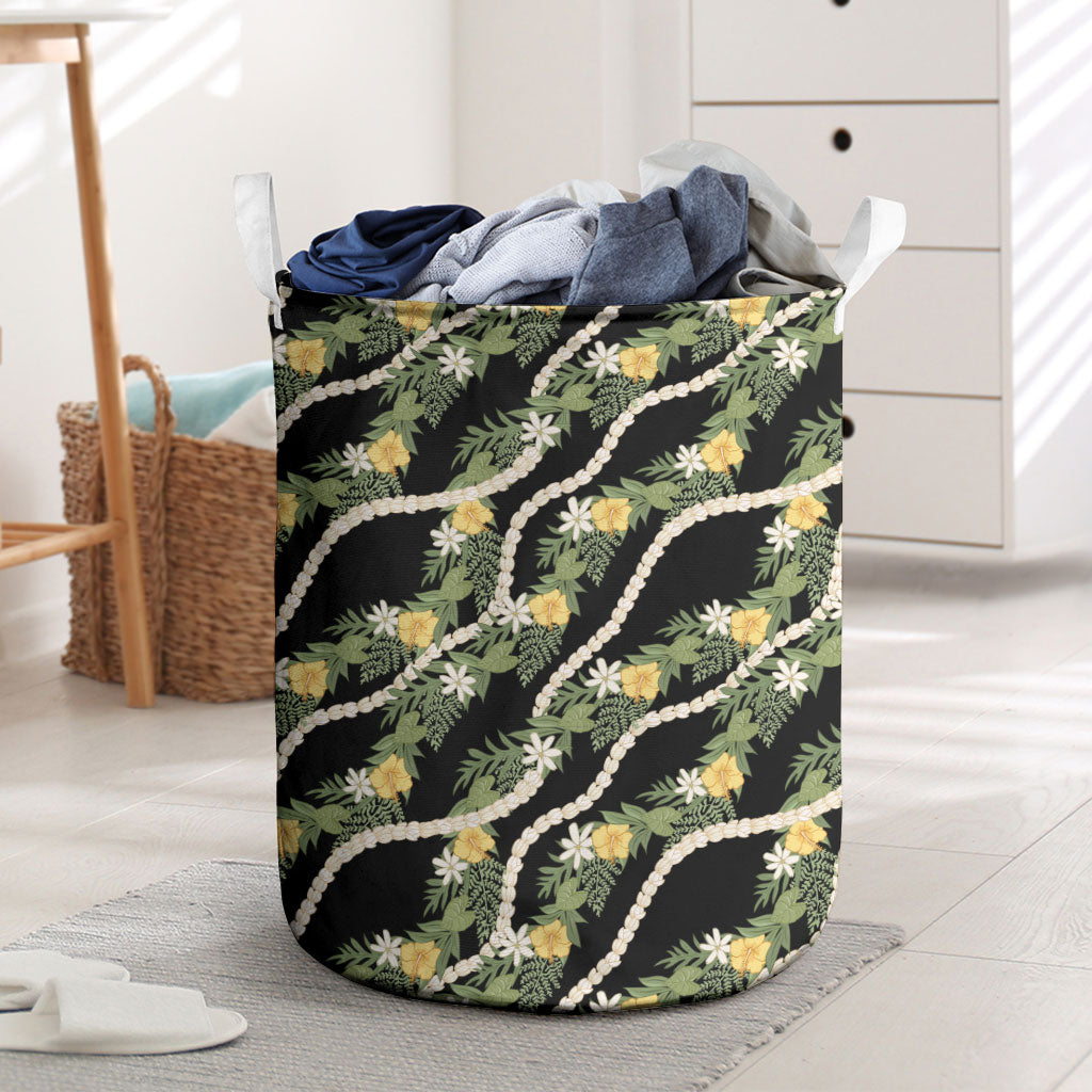 Hawaiian Pikake Maile Lei Laundry Basket Tiare Hibiscus Kalo Palapalai Leaf Black