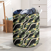 Hawaiian Pikake Maile Lei Laundry Basket Tiare Hibiscus Kalo Palapalai Leaf Black