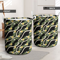Hawaiian Pikake Maile Lei Laundry Basket Tiare Hibiscus Kalo Palapalai Leaf Black