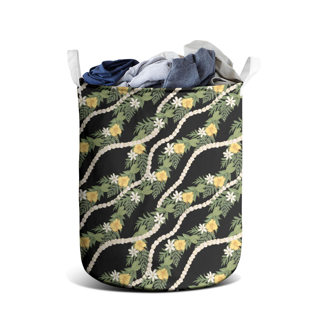 Hawaiian Pikake Maile Lei Laundry Basket Tiare Hibiscus Kalo Palapalai Leaf Black