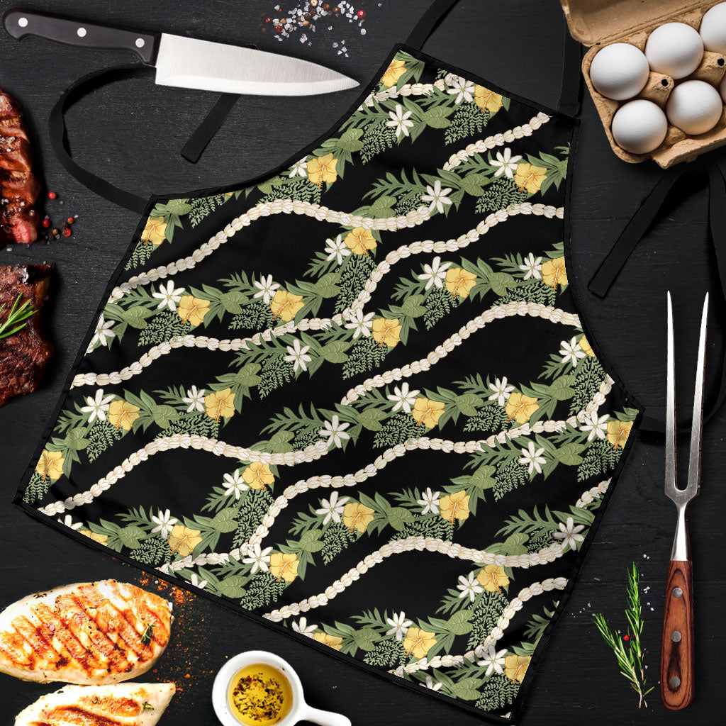 Hawaiian Pikake Maile Lei Apron Tiare Hibiscus Kalo Palapalai Leaf Black