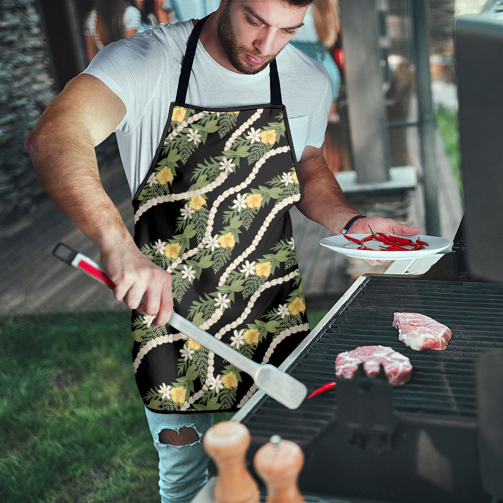 Hawaiian Pikake Maile Lei Apron Tiare Hibiscus Kalo Palapalai Leaf Black