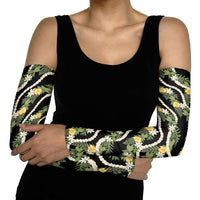 Hawaiian Pikake Maile Lei Arm Sleeves Tiare Hibiscus Kalo Palapalai Leaf Black