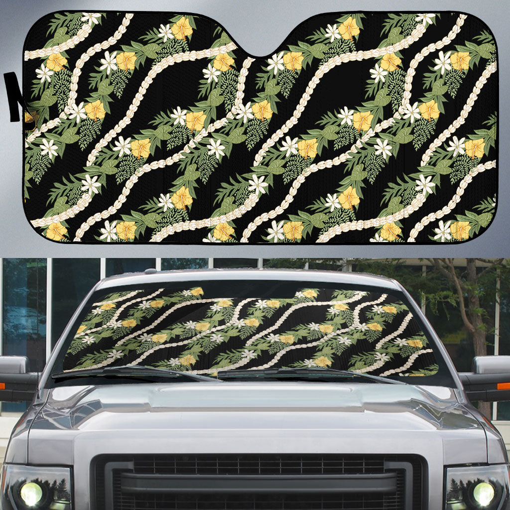 Hawaiian Pikake Maile Lei Auto Sun Shade Tiare Hibiscus Kalo Palapalai Leaf Black