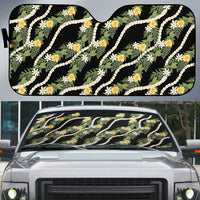Hawaiian Pikake Maile Lei Auto Sun Shade Tiare Hibiscus Kalo Palapalai Leaf Black