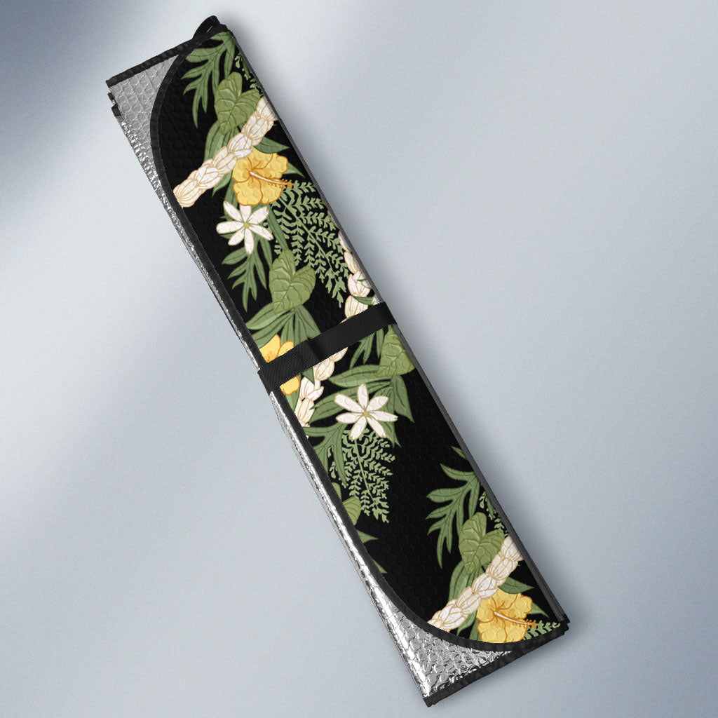 Hawaiian Pikake Maile Lei Auto Sun Shade Tiare Hibiscus Kalo Palapalai Leaf Black