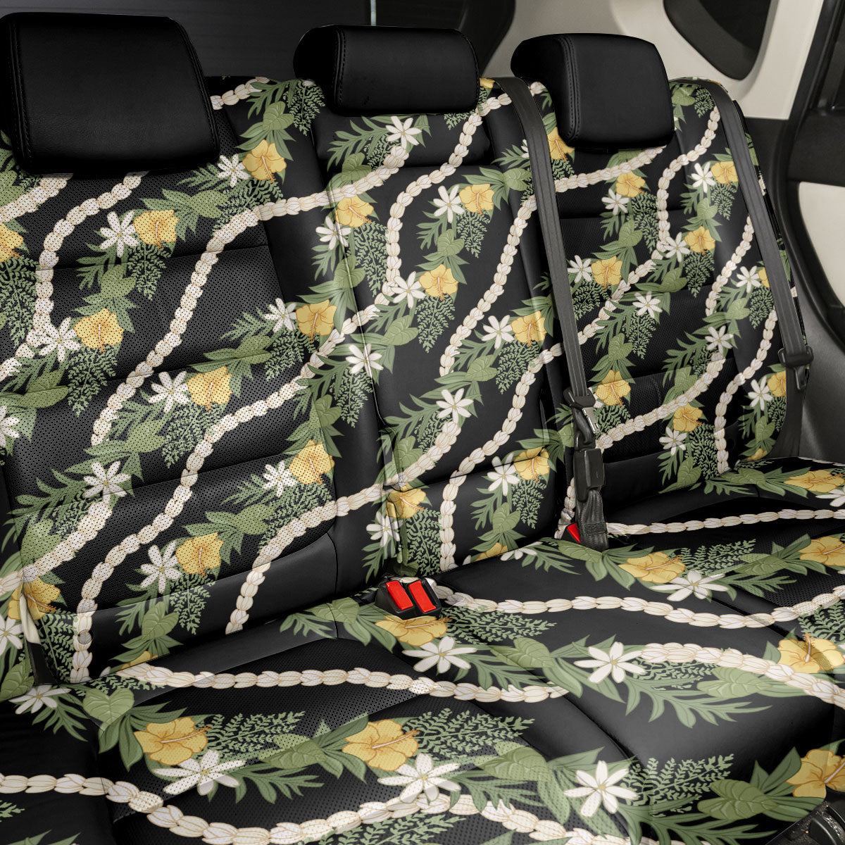 Hawaiian Pikake Maile Lei Back Car Seat Cover Tiare Hibiscus Kalo Palapalai Leaf Black