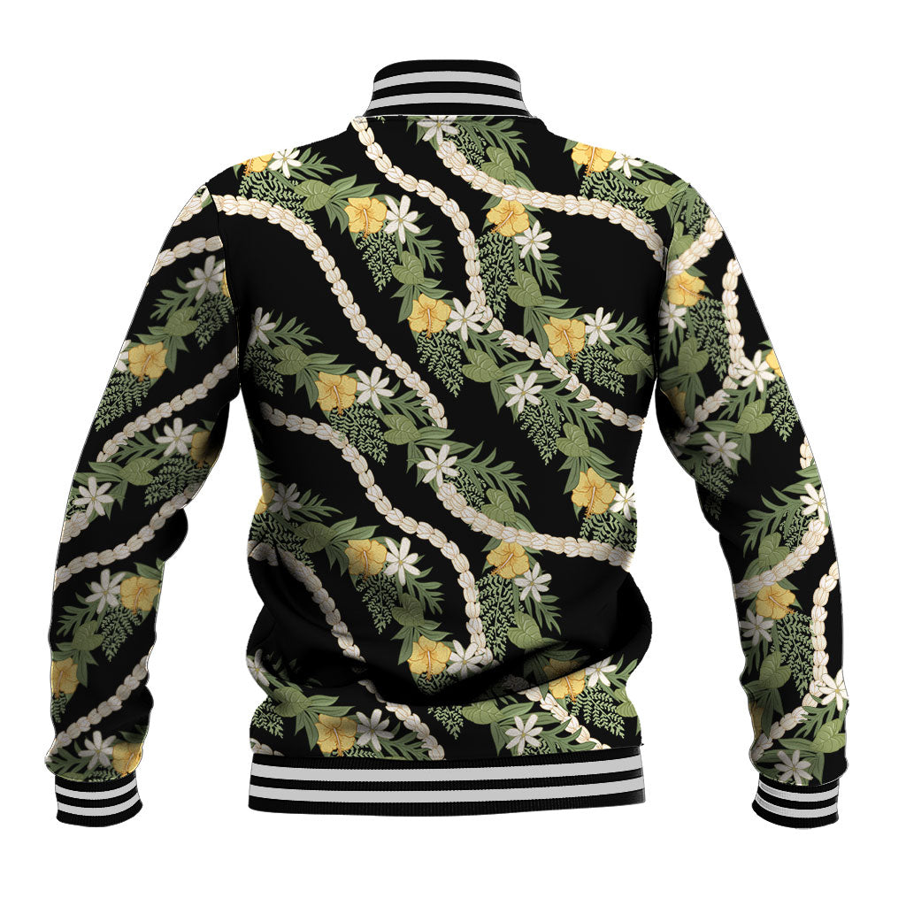 Hawaiian Pikake Maile Lei Baseball Jacket Tiare Hibiscus Kalo Palapalai Leaf Black