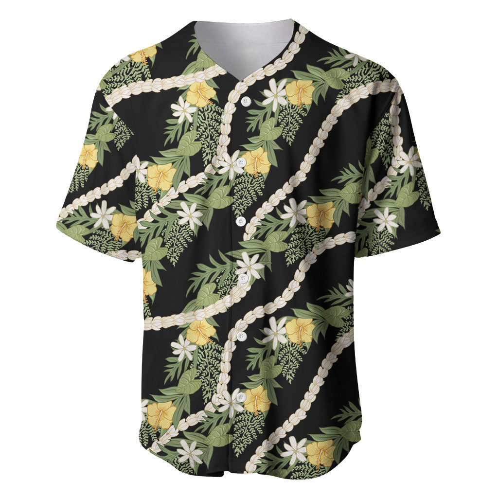 Hawaiian Pikake Maile Lei Baseball Jersey Tiare Hibiscus Kalo Palapalai Leaf Black