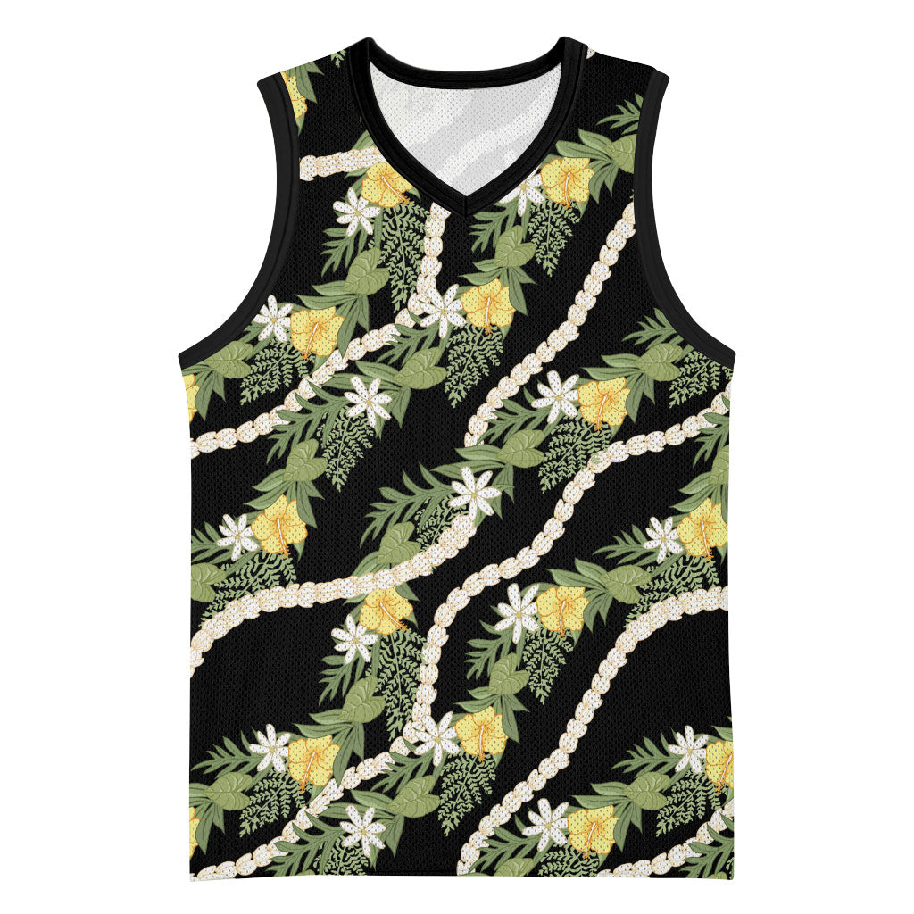 Hawaiian Pikake Maile Lei Basketball Jersey Tiare Hibiscus Kalo Palapalai Leaf Black